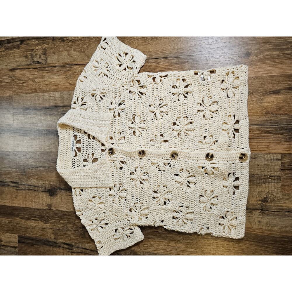 Miracle Floral Cream Crocheted Button Up Sweater Women's M/L Bohemian Festival - Picture 6 of 8